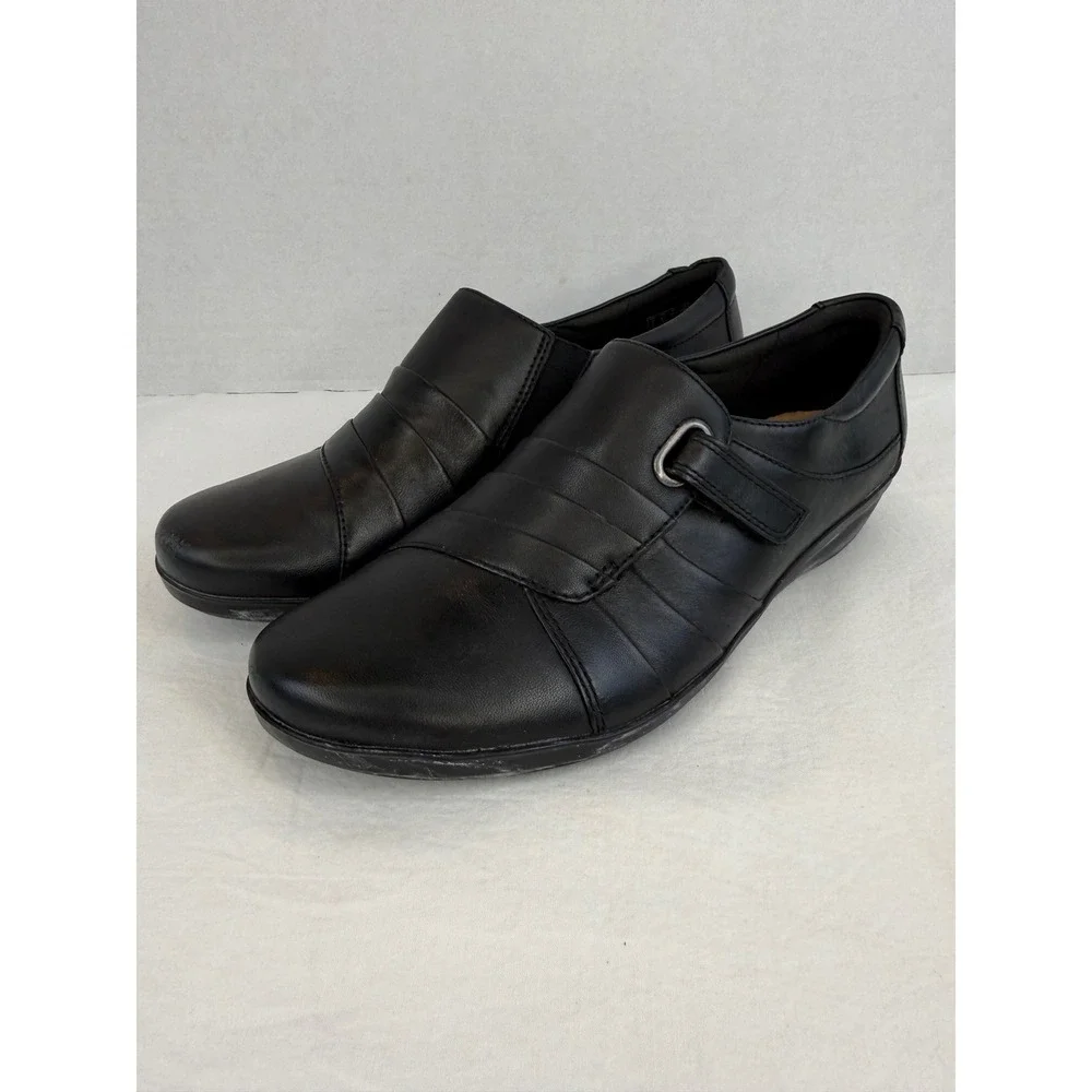 Clarks Collection Black Leather Pleated Hook Loop Strap Loafers Womens 8.5‎ M